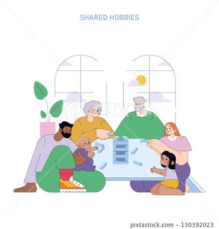 Vector illustration of a diverse, multi-generational family enjoying a tower block game. Smiling expressions highlight engagement and bonding during this shared activity. Vector illustration of a diverse, multi-generational family enjoying a tower block game. Smiling expressions highlight engagement and bonding during this shared activity. 130392023