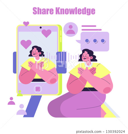 Vector illustration of a person sharing knowledge through a video call. Features include a smartphone screen, social media icons, and expressive body language emphasizing communication and connection. 130392024