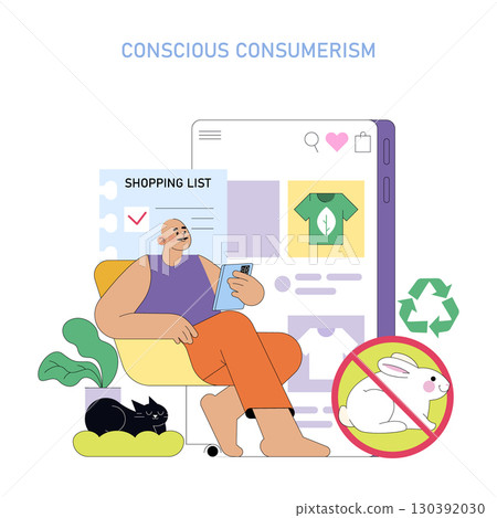 Vector illustration of a person reviewing a shopping list on a phone. Sustainable clothing choices and animal-friendly products are emphasized, promoting conscious consumerism. Vector illustration of a person reviewing a shopping list on a phone. Sustainable clothing choices and animal-friendly products are emphasized, promoting conscious consumerism. 130392030