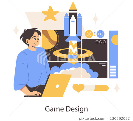 Vector illustration showing a game designer working on a laptop, crafting a dynamic rocket launch scene. The designer appears focused, highlighting the creative process in game development. Vector illustration showing a game designer working on a laptop, crafting a dynamic rocket launch scene. The designer appears focused, highlighting the creative process in game development. 130392032