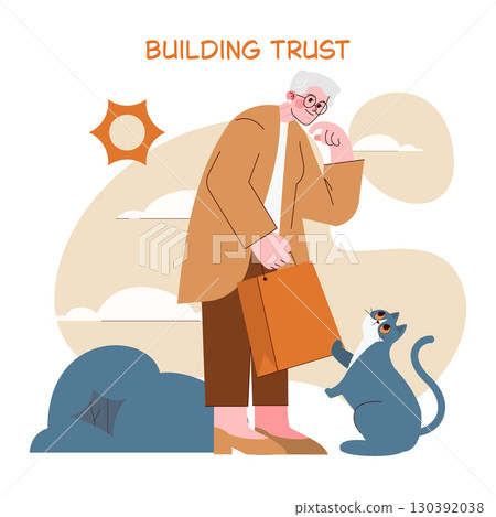 An elderly person with a shopping bag shares a moment of trust with a cat. This vector illustration highlights a serene connection. The scene conveys themes of companionship and empathy. An elderly person with a shopping bag shares a moment of trust with a cat. This vector illustration highlights a serene connection. The scene conveys themes of companionship and empathy. 130392038
