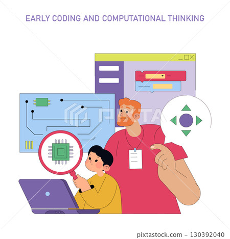 Vector illustration of early coding and computational thinking concept. A child and an adult explore computer components and programming logic, promoting learning and teamwork. 130392040