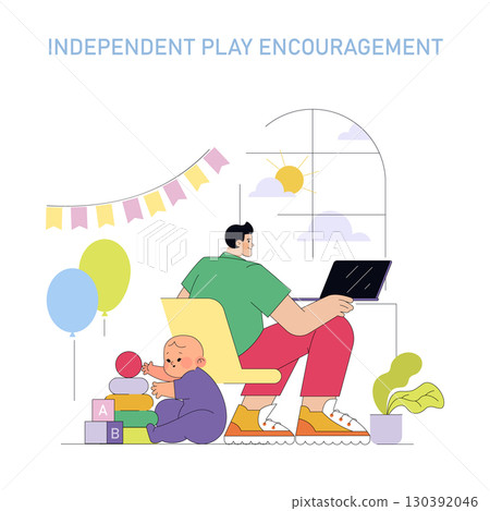 Vector illustration of a parent focused on a laptop, while a child engages in independent play with toys. Shows balance between work and childcare in a lively, colorful setting. 130392046