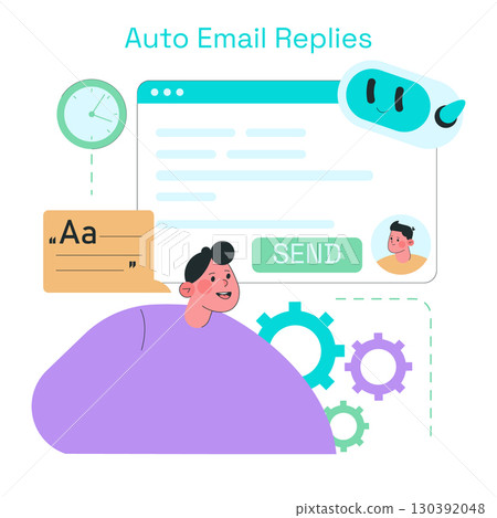 Vector illustration depicting an automated email reply system with icons and a person communicating with a chatbot. Elements include a chat interface, gears, and digital communication symbols. 130392048