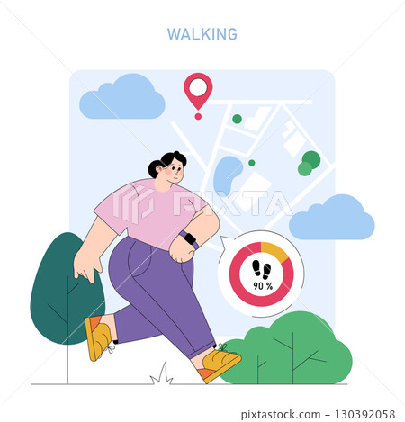 Vector illustration of a person walking with a fitness tracker on their wrist. They are moving energetically, surrounded by trees and map icons indicating a walking route. Vector illustration of a person walking with a fitness tracker on their wrist. They are moving energetically, surrounded by trees and map icons indicating a walking route. 130392058