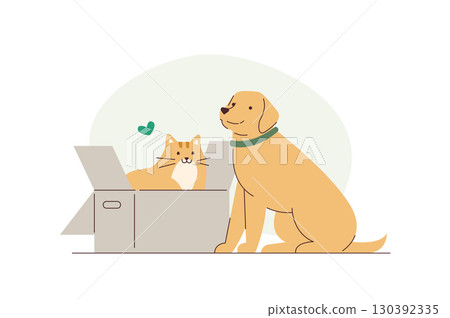Sheltered animals, stray dog, homeless cat near charity box asking for support, donation, fundraising. Pet adoption 130392335