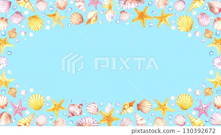 Summer frame material with shells and starfish on a light blue background 130392672