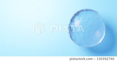 A sphere of water floating on a light blue background. Water droplets. Copy space. 3D (landscape) 130392740