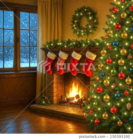Room with fireplace and Christmas decorations Room with fireplace and Christmas decorations 130393100