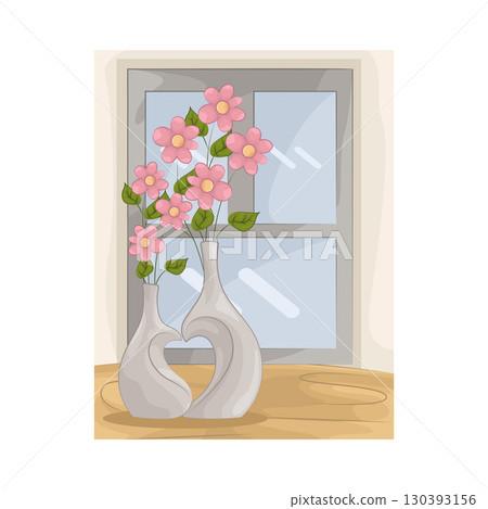 Illustration of Vase with beautiful flower near the window Illustration of Vase with beautiful flower near the window 130393156