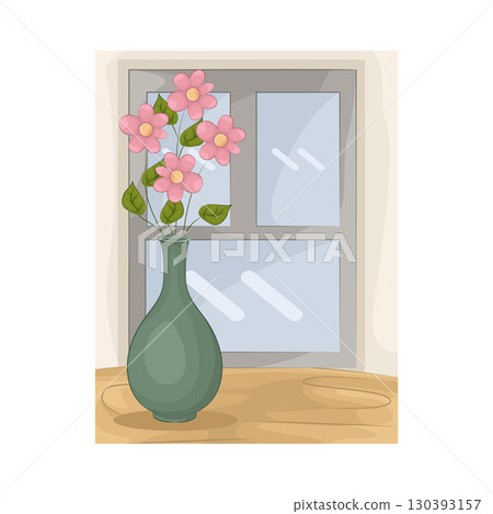 Illustration of Vase with beautiful flower near the window Illustration of Vase with beautiful flower near the window 130393157