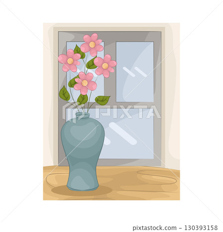 Illustration of Vase with beautiful flower near the window 130393158