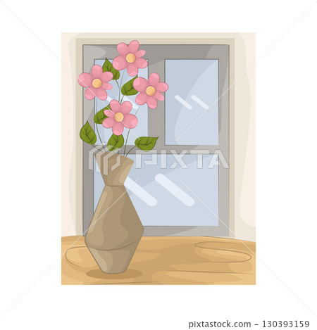 Illustration of Vase with beautiful flower near the window 130393159