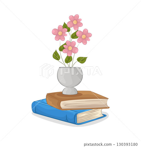 Illustration of Vase with beautiful flower on top of books 130393180