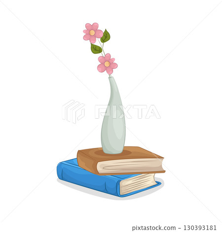 Illustration of Vase with beautiful flower on top of books Illustration of Vase with beautiful flower on top of books 130393181