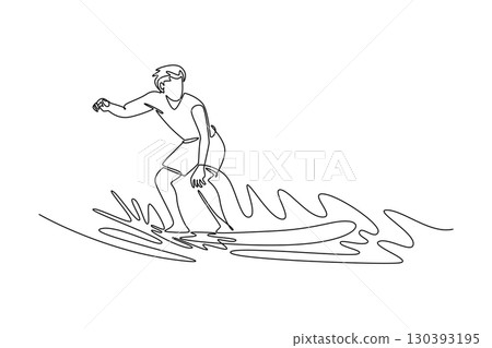 Continuous one line drawing active male surfer athlete riding a wave, representing the balance, concentration, and thrilling lifestyle of a surfer. Single line draw design vector graphic illustration 130393195