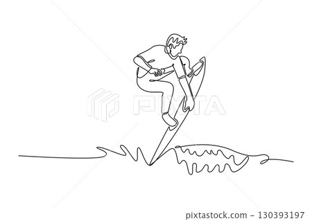 Continuous one line drawing male surfer in action on large wave, with one hand on the board. Control, athletic skill, powerful motion of the ocean. Single line draw design vector graphic illustration 130393197