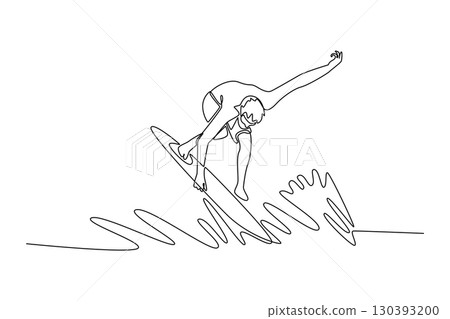 Continuous one line drawing male surfer athlete in action on the waves. Representing balance, concentration, and thrilling lifestyle of the sports. Single line draw design vector graphic illustration 130393200