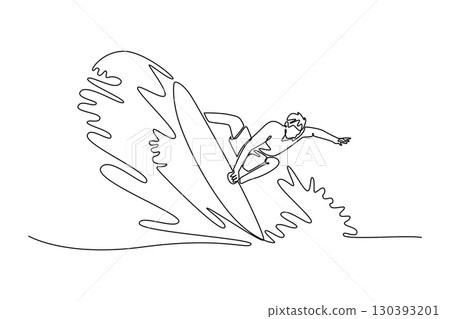 Continuous one line drawing male surfer athlete on the large wave, with one hand on the water. Control, athletic skills, powerful motion of ocean. Single line draw design vector graphic illustration Continuous one line drawing male surfer athlete on the large wave, with one hand on the water. Control, athletic skills, powerful motion of ocean. Single line draw design vector graphic illustration 130393201