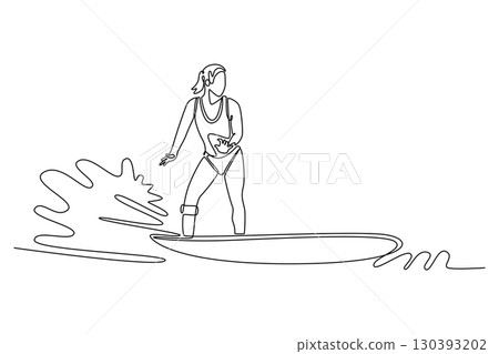 Continuous one line drawing female surfer athlete in action on the waves. Athletic skill, balance, concentration, and thrilling lifestyle of sports. Single line draw design vector graphic illustration 130393202