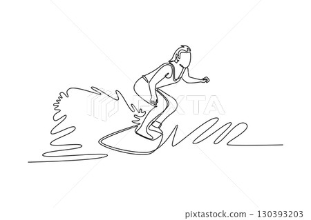 Single continuous line drawing female surfer athlete in action on the waves. Representing the balance, concentration, and thrilling lifestyle of sport. One line draw graphic design vector illustration 130393203
