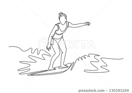 Single continuous line drawing beauty female surfer athlete on the wave with elegant poise. Athletic skill, freedom, and powerful motion of the ocean. One line draw graphic design vector illustration Single continuous line drawing beauty female surfer athlete on the wave with elegant poise. Athletic skill, freedom, and powerful motion of the ocean. One line draw graphic design vector illustration 130393204