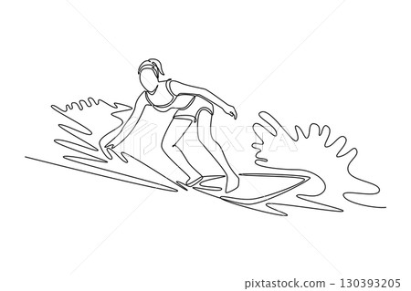 Single continuous line drawing woman surfer athlete on the wave with one hand touching the water. Control, balance, athletic skill, and motion ocean. One line draw graphic design vector illustration 130393205