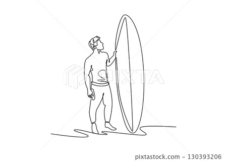 Single continuous line drawing man stands on beach with his surfboard, looking at waves. Anticipation, freedom, and peaceful thrill of the sea. Dynamic one line draw graphic design vector illustration 130393206