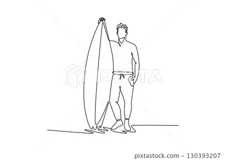 Single continuous line drawing young male surfer athlete with his board, representing poised readiness, personal connection, serene lifestyle. Dynamic one line draw graphic design vector illustration 130393207
