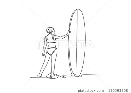 Single continuous line drawing back view woman surfer stands on beach with surfboard, looking at waves. Anticipation, freedom, peaceful thrill of sea. One line draw graphic design vector illustration Single continuous line drawing back view woman surfer stands on beach with surfboard, looking at waves. Anticipation, freedom, peaceful thrill of sea. One line draw graphic design vector illustration 130393208