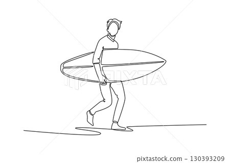 Single continuous line drawing happy male surfer is walking with his surfboard, symbolizing relaxed lifestyle, leisure, and freedom of the sea. Dynamic one line draw graphic design vector illustration 130393209