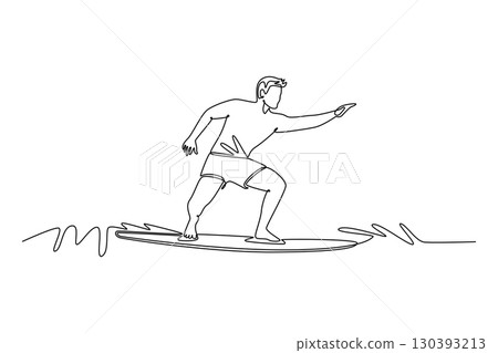 Single one line drawing professional male surfer riding a wave. Representing balance, concentration, and thrilling lifestyle of sports. Modern continuous line draw design graphic vector illustration Single one line drawing professional male surfer riding a wave. Representing balance, concentration, and thrilling lifestyle of sports. Modern continuous line draw design graphic vector illustration 130393213