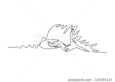 Single one line drawing male surfer athlete in wipeout. Representing the humbling experience, challenge, and inherent danger of surfing. Modern continuous line draw design graphic vector illustration 130393217