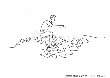 Single one line drawing young man is surfing a small wave, symbolizing athletic balance, poise, skill, and serene freedom of the ocean. Modern continuous line draw design graphic vector illustration 130393218