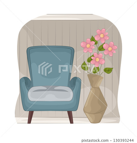 Illustration of Vase with beautiful flower near the armchair Illustration of Vase with beautiful flower near the armchair 130393244