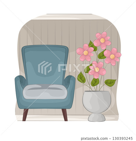 Illustration of Vase with beautiful flower near the armchair Illustration of Vase with beautiful flower near the armchair 130393245