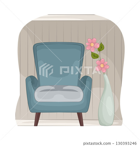Illustration of Vase with beautiful flower near the armchair Illustration of Vase with beautiful flower near the armchair 130393246