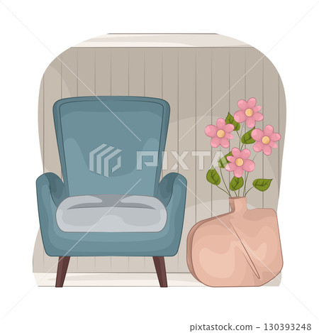 Illustration of Vase with beautiful flower near the armchair 130393248