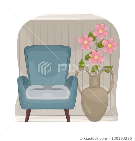 Illustration of Vase with beautiful flower near the armchair 130393250