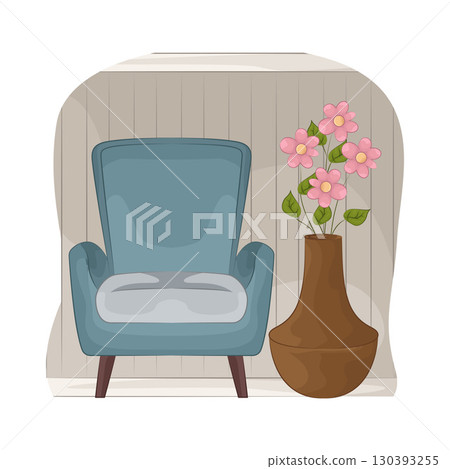 Illustration of Vase with beautiful flower near the armchair Illustration of Vase with beautiful flower near the armchair 130393255