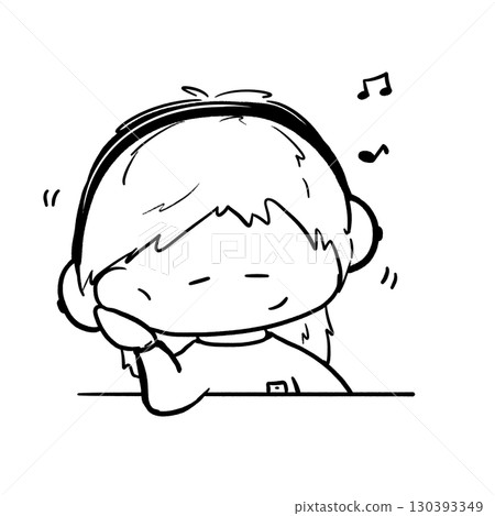 Cute girl listening to music on table cartoon outline illustration 130393349