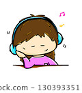 Young girl wearing headphones listening to music cartoon illustration 130393351