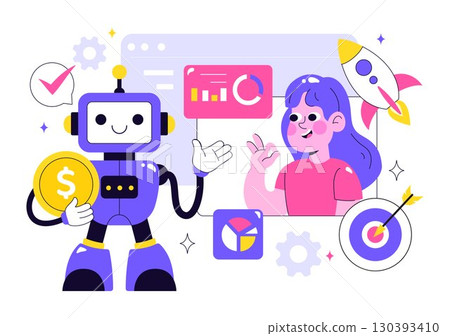 Artificial Intelligence in Business Vector Illustration Featuring Digital Brain Technology and Engineering Concept with Programmer, Data, and Systems 130393410