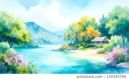 水邊的靜謐｜描繪四季變幻的田園風光的插畫 130393799