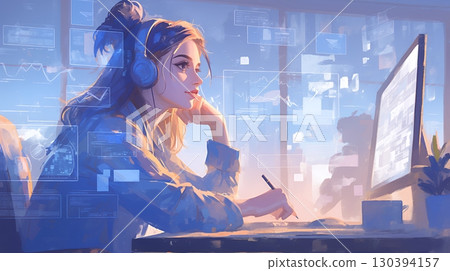 一位年輕女子在電腦上創作材料 130394157