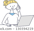A woman using a computer while talking on a smartphone 130394219