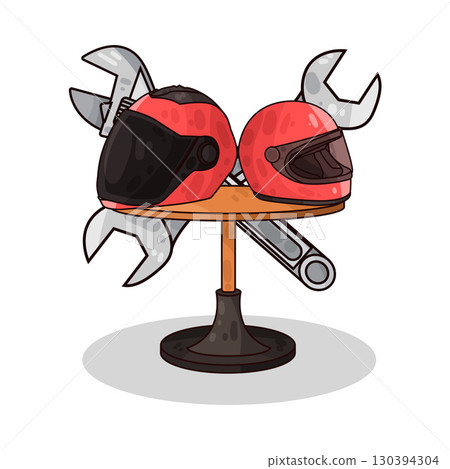 illustration of motorcycle helmet with wrench 130394304