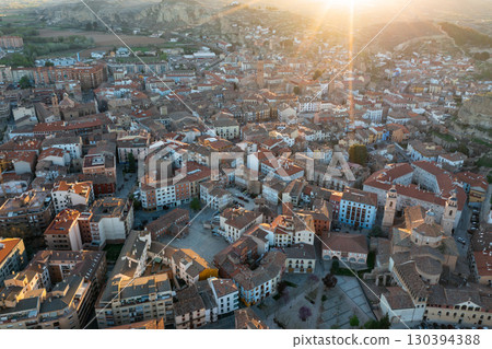 View from drone of Calatayud cityscape with ancient Mudejar-style tower, Spain 130394388