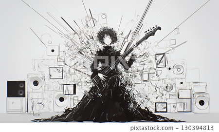 Music is an explosion: Various instruments explode from a woman playing a song 130394813