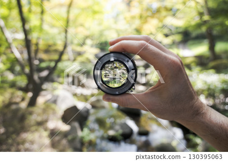 Lens focus on forest stream through camera lens 130395063